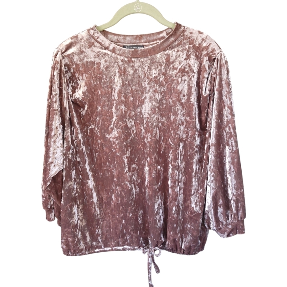 Adrianna Papell Crushed Velvet Blouse M Dusty Rose Drawstring Hem Holiday Party